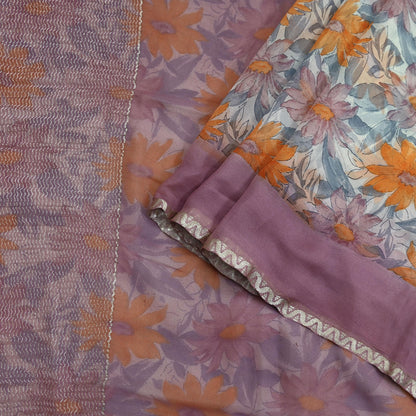 Indian Vintage Pure Chiffon Silk Saree | Printed Floral Design | 5 Yards | Sheer Soft Fabric for Sewing, Dressmaking, Craft Projects, Zari