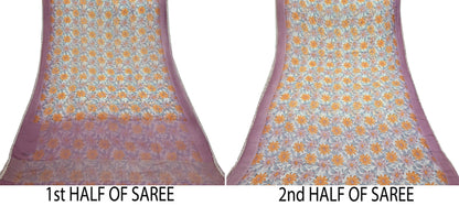 Indian Vintage Pure Chiffon Silk Saree | Printed Floral Design | 5 Yards | Sheer Soft Fabric for Sewing, Dressmaking, Craft Projects, Zari