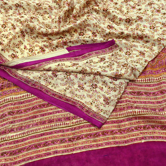 Indian Vintage Ivory & Rani Pink Pure Silk Saree | Floral Printed Fabric | 6 Yards | Craft Silk for Sewing, Quilting, Dressmaking, Upcycling