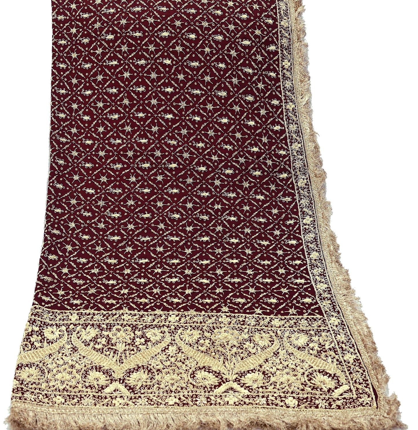 Indian Vintage Heavy Wedding Maroon Dupatta Pure Satin Silk Long Stole Hand Embroidered Scarves Golden Zardozi Stole Fringes Bridal veil