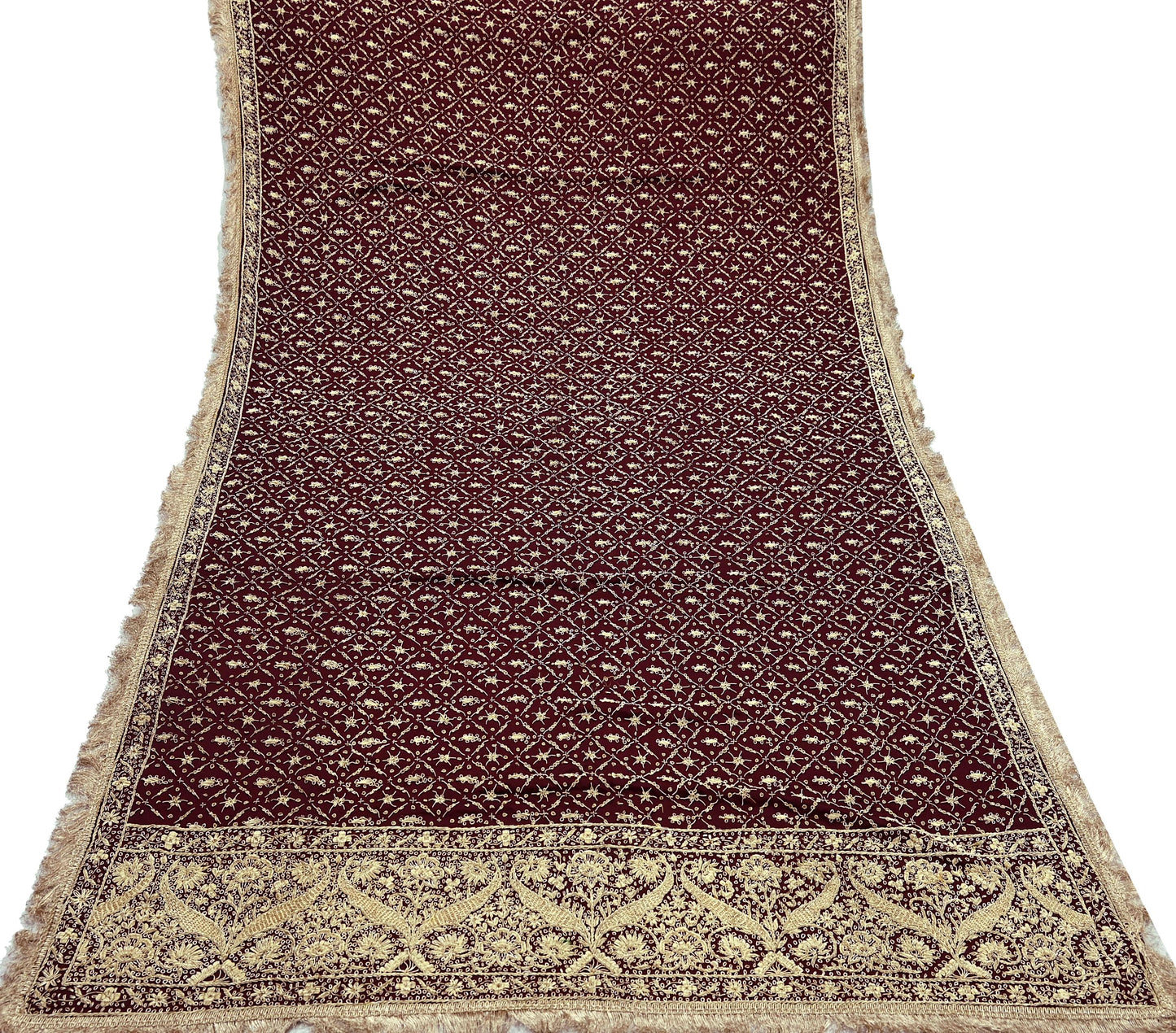 Indian Vintage Heavy Wedding Maroon Dupatta Pure Satin Silk Long Stole Hand Embroidered Scarves Golden Zardozi Stole Fringes Bridal veil