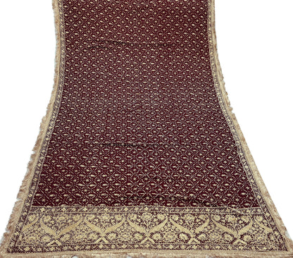 Indian Vintage Heavy Wedding Maroon Dupatta Pure Satin Silk Long Stole Hand Embroidered Scarves Golden Zardozi Stole Fringes Bridal veil