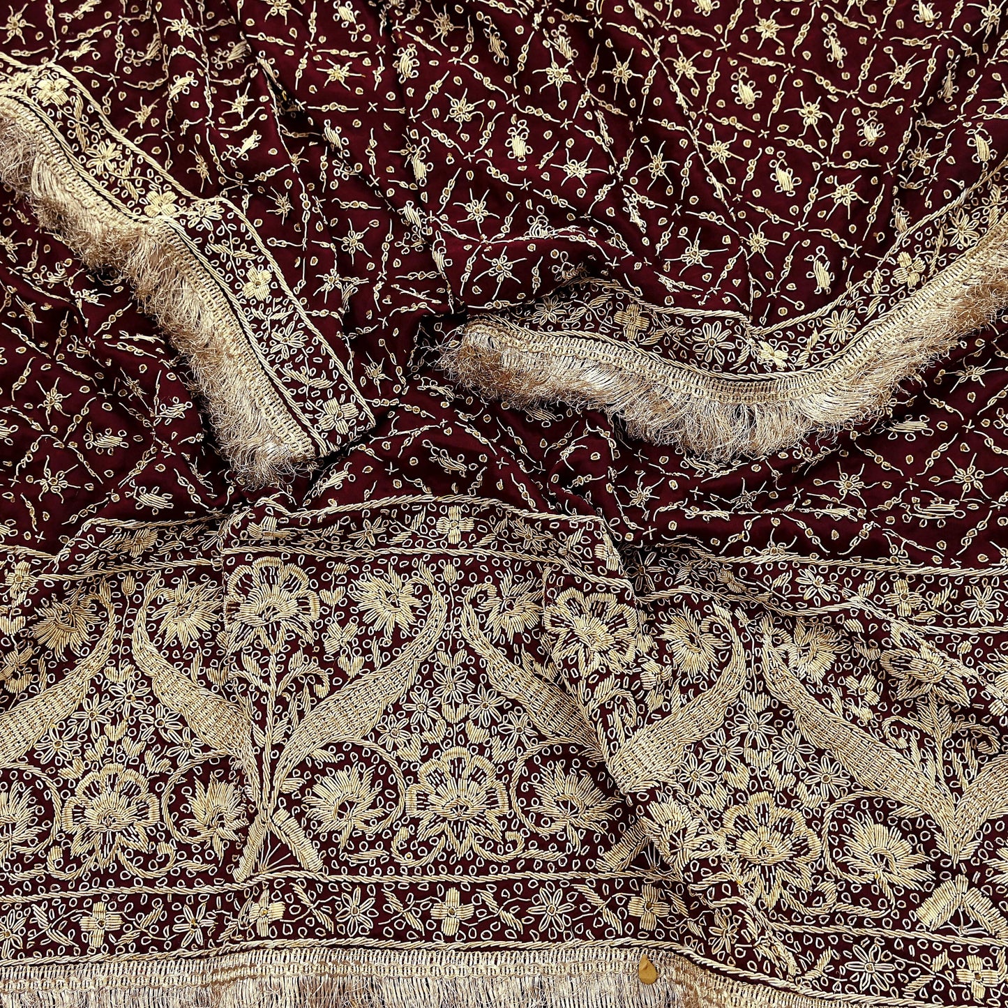 Indian Vintage Heavy Wedding Maroon Dupatta Pure Satin Silk Long Stole Hand Embroidered Scarves Golden Zardozi Stole Fringes Bridal veil