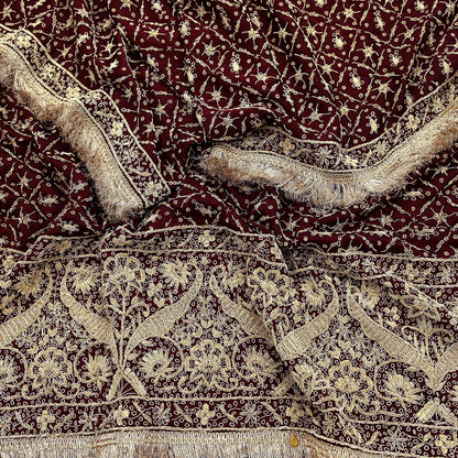 Indian Vintage Heavy Wedding Maroon Dupatta Pure Satin Silk Long Stole Hand Embroidered Scarves Golden Zardozi Stole Fringes Bridal veil