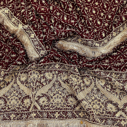 Indian Vintage Heavy Wedding Maroon Dupatta Pure Satin Silk Long Stole Hand Embroidered Scarves Golden Zardozi Stole Fringes Bridal veil