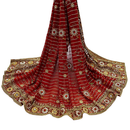 Indian Pre-owned Heavy Red Pure Georgette Silk Hand Embroidered Dupatta Designer By Manish Malhotra Bridal Wear Dabka Zardozi Veil Hijab