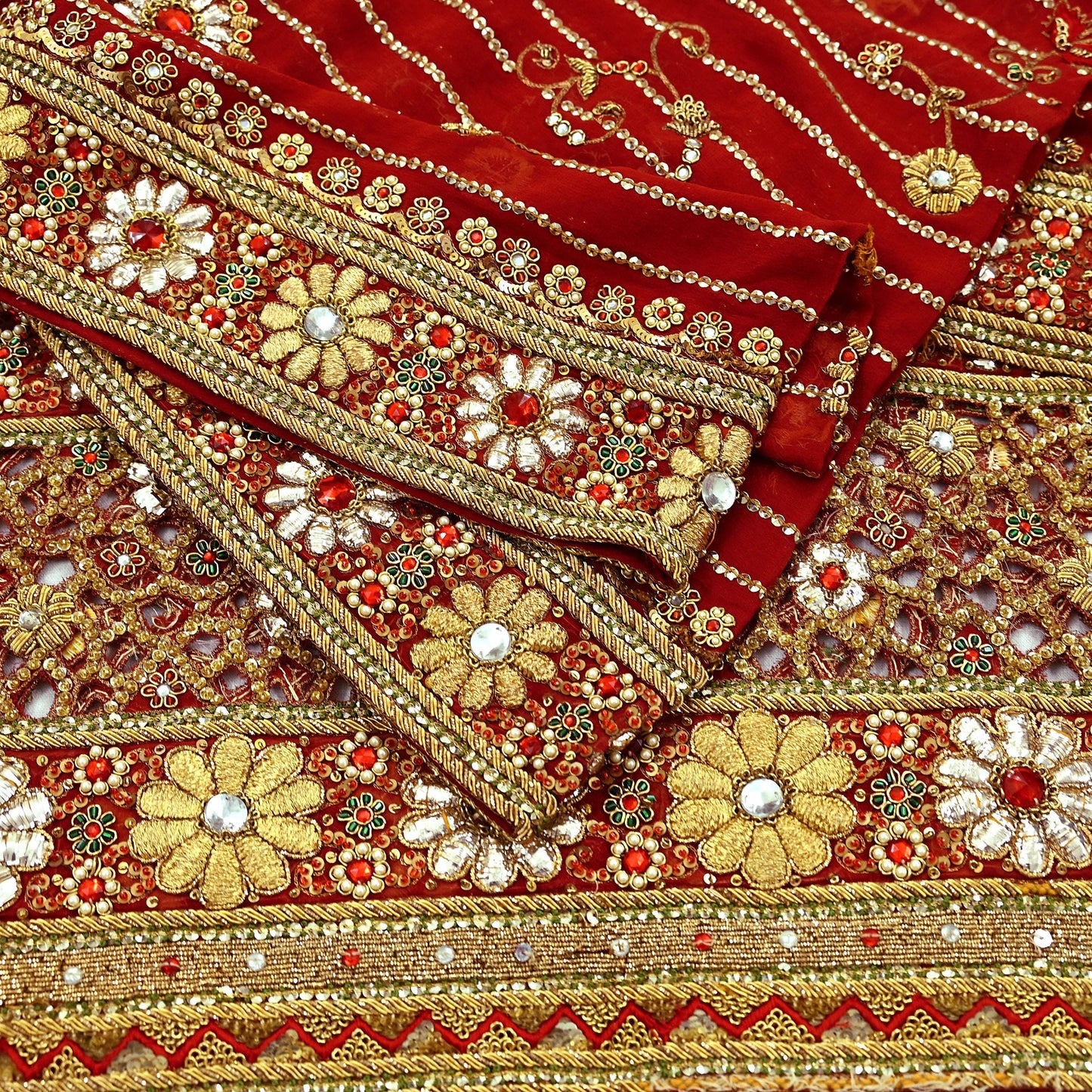 Indian Pre-owned Heavy Red Pure Georgette Silk Hand Embroidered Dupatta Designer By Manish Malhotra Bridal Wear Dabka Zardozi Veil Hijab