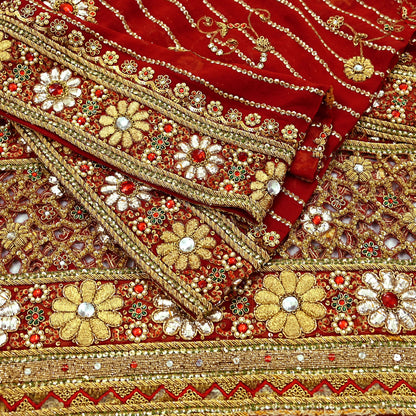 Indian Pre-owned Heavy Red Pure Georgette Silk Hand Embroidered Dupatta Designer By Manish Malhotra Bridal Wear Dabka Zardozi Veil Hijab