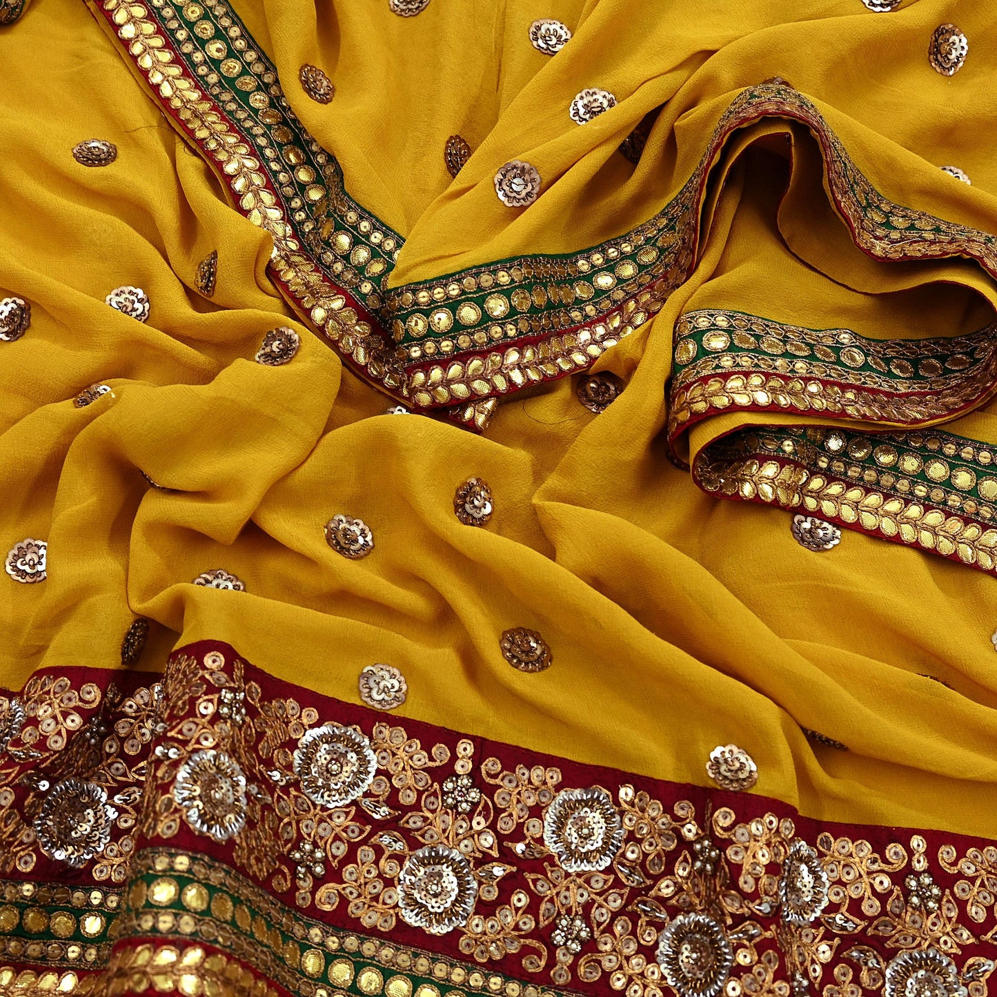 Indian Vintage Heavy Dupatta Yellow Pure Georgette Silk Stole Hand Embroidered By Designer Sabyasachi Scarves Zardozi Bridal Veil