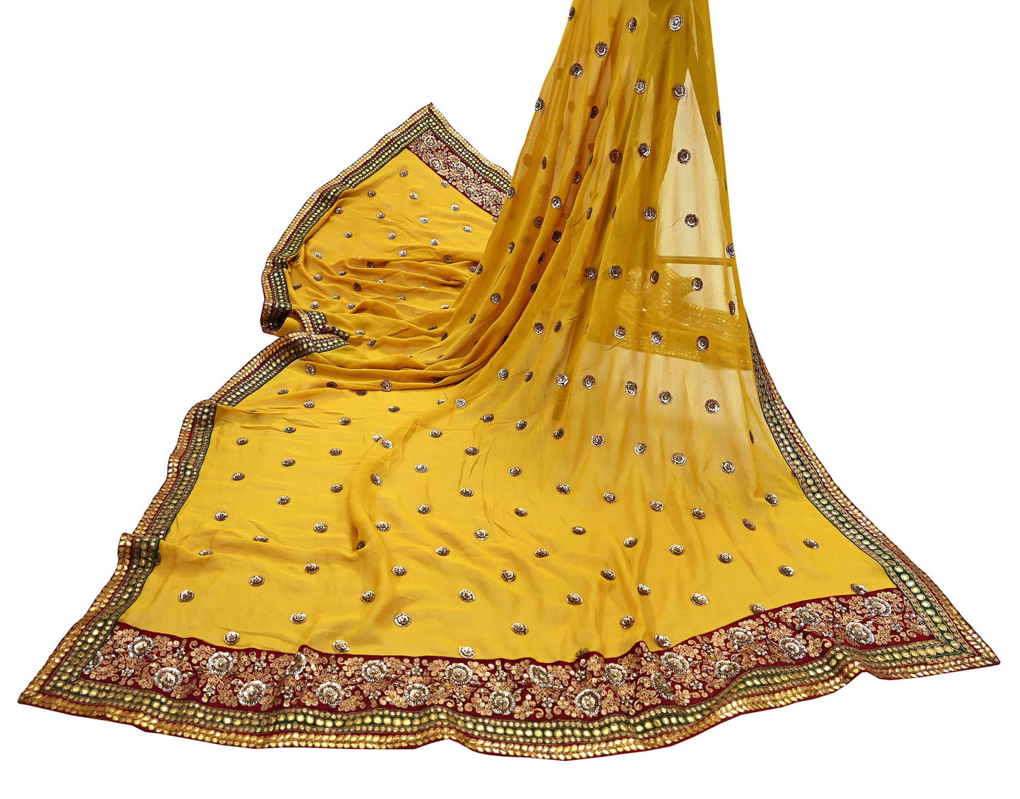 Indian Vintage Heavy Dupatta Yellow Pure Georgette Silk Stole Hand Embroidered By Designer Sabyasachi Scarves Zardozi Bridal Veil