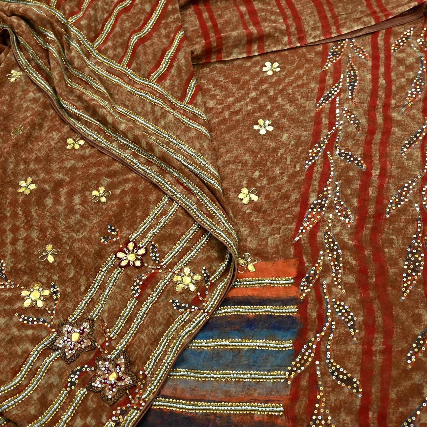 Indian Vintage Heavy Sarees Brown Pure Georgette Silk Hand Embroidered Sari Fabric 5Yd Sewing Ethnic Zardozi/dabka zari Wedding sarees