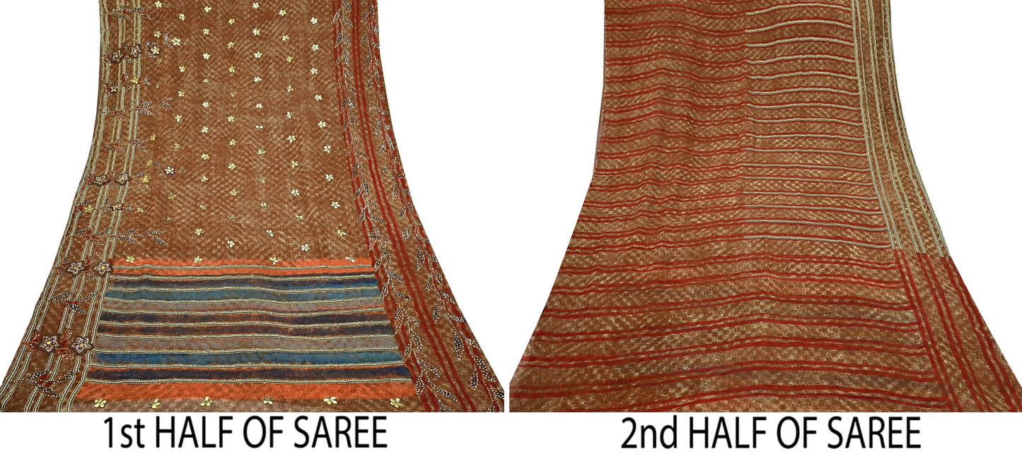 Indian Vintage Heavy Sarees Brown Pure Georgette Silk Hand Embroidered Sari Fabric 5Yd Sewing Ethnic Zardozi/dabka zari Wedding sarees