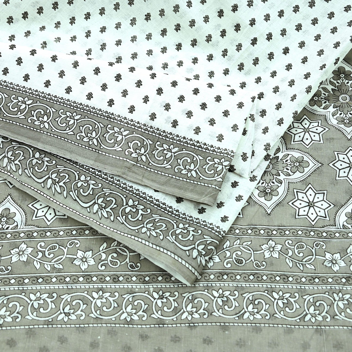 Indian Vintage White & Gray Printed Pure Cotton Saree | 5 Yards | Fabric for Sewing, Crafting, Quilting, Upcycling, Dressmaking, Boho