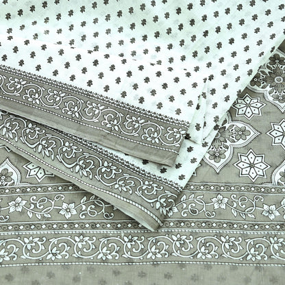 Indian Vintage White & Gray Printed Pure Cotton Saree | 5 Yards | Fabric for Sewing, Crafting, Quilting, Upcycling, Dressmaking, Boho