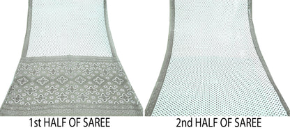 Indian Vintage White & Gray Printed Pure Cotton Saree | 5 Yards | Fabric for Sewing, Crafting, Quilting, Upcycling, Dressmaking, Boho
