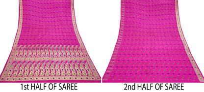 Indian Vintage Sari Magenta Heavy Pure Satin Silk Woven Banarasi Brocade Saree Zari 5Yd Ethnic Dress making Crafting Bollywood