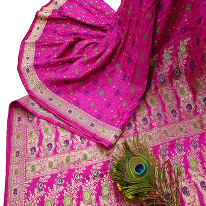 Indian Vintage Sari Magenta Heavy Pure Satin Silk Woven Banarasi Brocade Saree Zari 5Yd Ethnic Dress making Crafting Bollywood