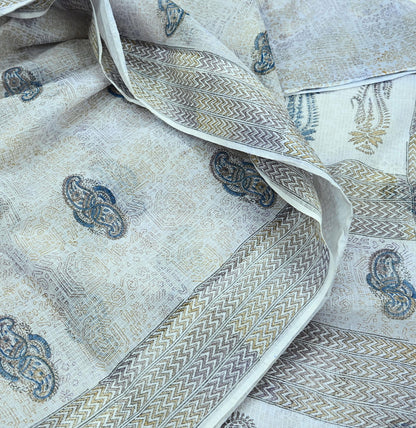 Indian Vintage White Printed Pure Cotton Saree | 5 Yards | Fabric for Sewing, Crafting, Quilting, Upcycling, Dressmaking, Boho
