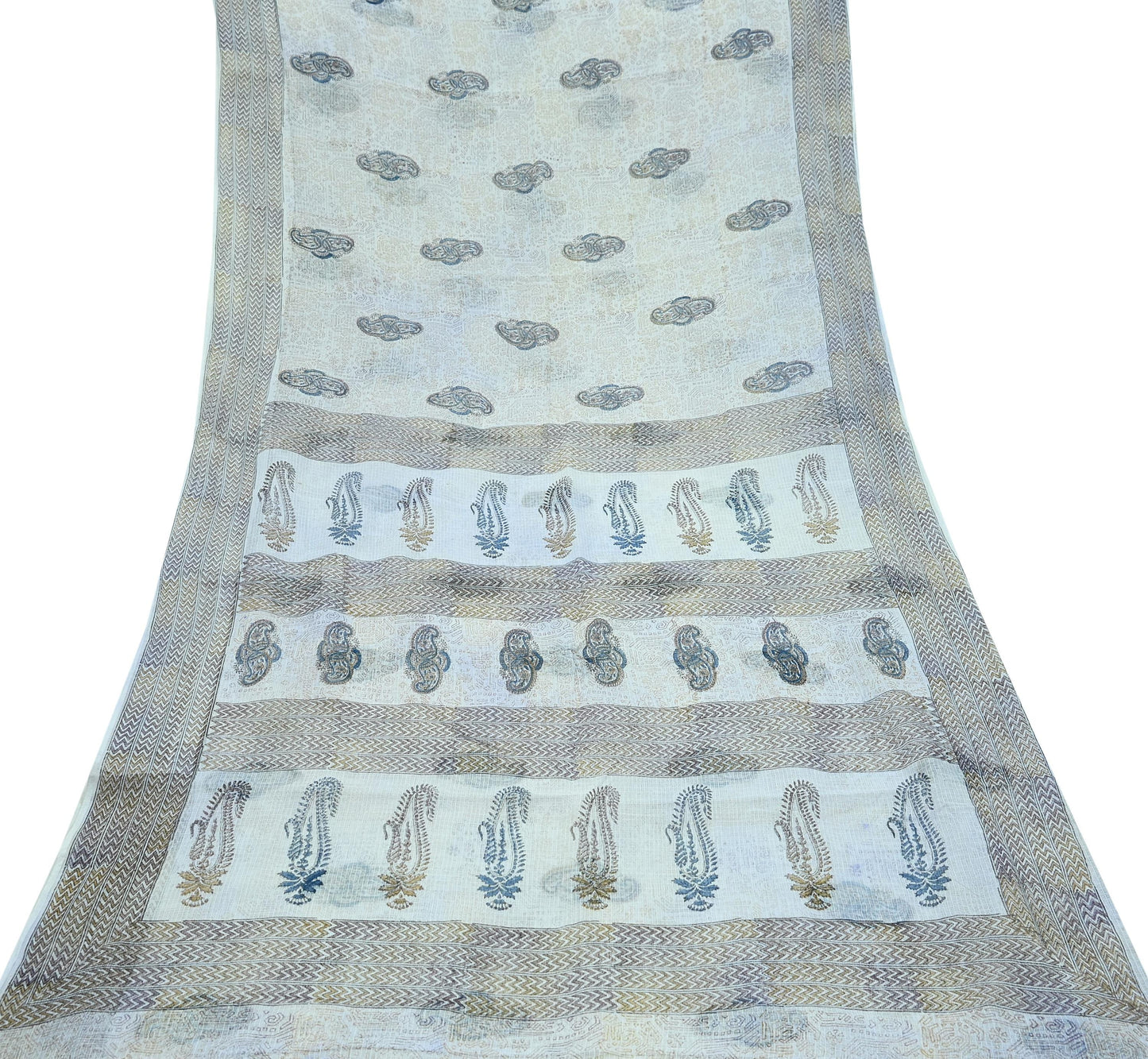 Indian Vintage White Printed Pure Cotton Saree | 5 Yards | Fabric for Sewing, Crafting, Quilting, Upcycling, Dressmaking, Boho