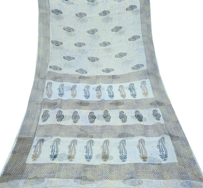Indian Vintage White Printed Pure Cotton Saree | 5 Yards | Fabric for Sewing, Crafting, Quilting, Upcycling, Dressmaking, Boho