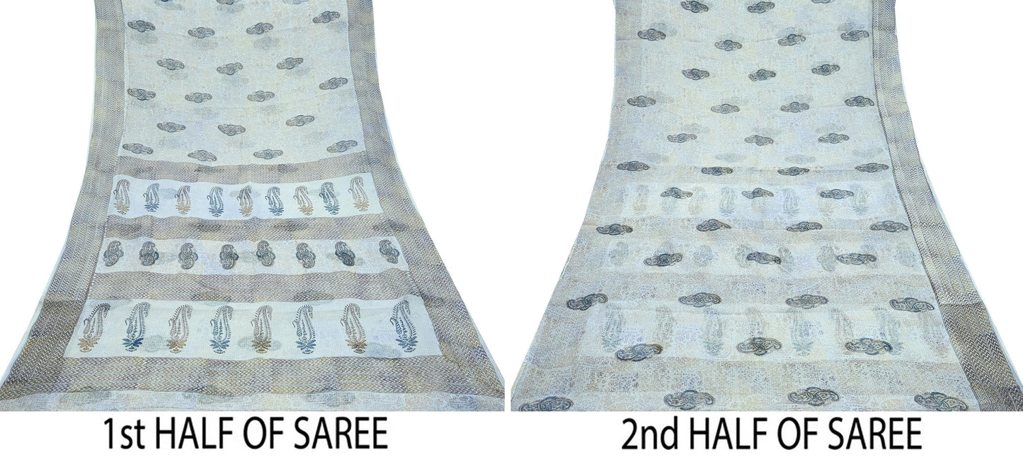 Indian Vintage White Printed Pure Cotton Saree | 5 Yards | Fabric for Sewing, Crafting, Quilting, Upcycling, Dressmaking, Boho