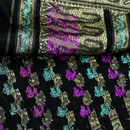 Indian Vintage Sari Heavy Black Pure Satin Silk Brocade Banarasi Sarees Zari 5Yd craft fabric dress making Crafting Upcycle