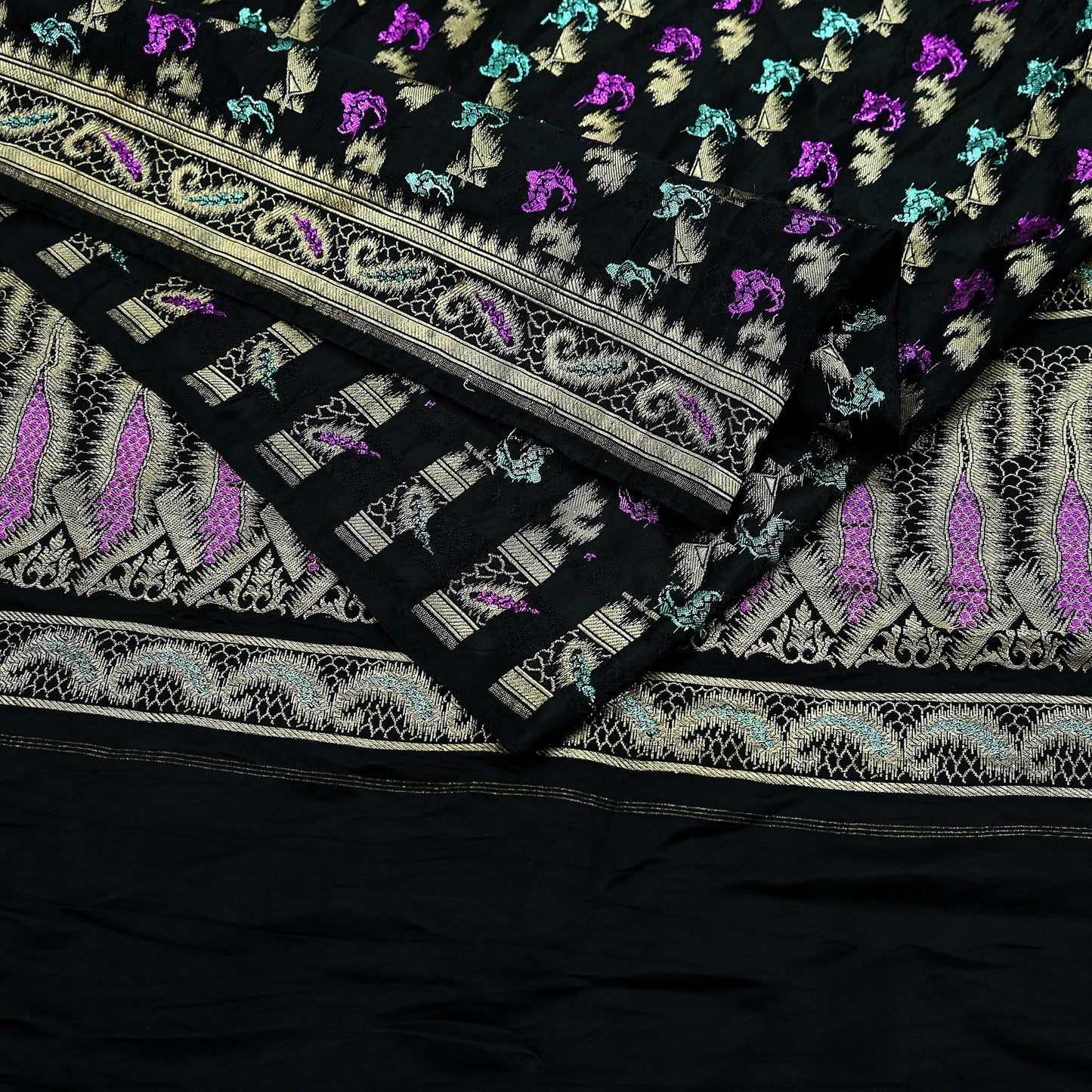 Indian Vintage Sari Heavy Black Pure Satin Silk Brocade Banarasi Sarees Zari 5Yd craft fabric dress making Crafting Upcycle