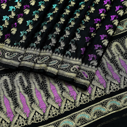 Indian Vintage Sari Heavy Black Pure Satin Silk Brocade Banarasi Sarees Zari 5Yd craft fabric dress making Crafting Upcycle