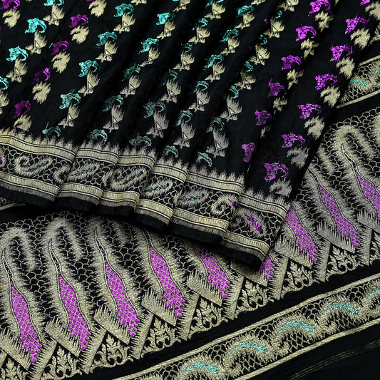 Indian Vintage Sari Heavy Black Pure Satin Silk Brocade Banarasi Sarees Zari 5Yd craft fabric dress making Crafting Upcycle