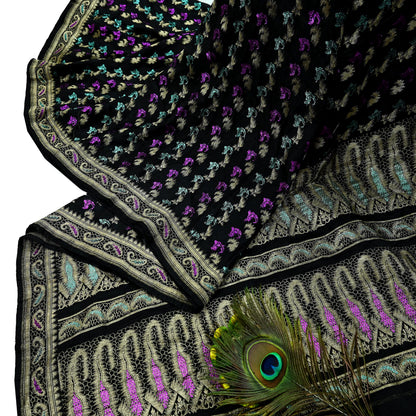 Indian Vintage Sari Heavy Black Pure Satin Silk Brocade Banarasi Sarees Zari 5Yd craft fabric dress making Crafting Upcycle