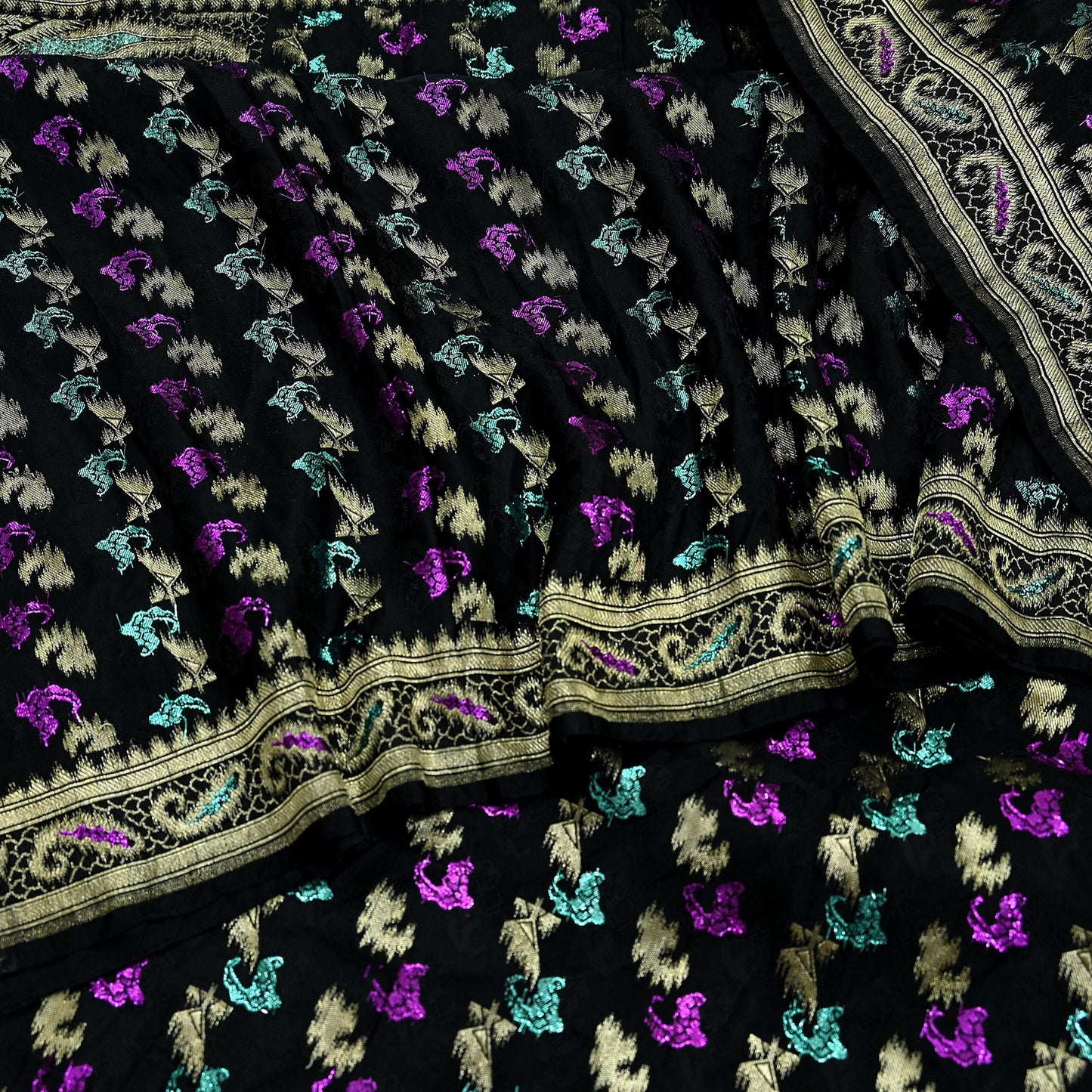 Indian Vintage Sari Heavy Black Pure Satin Silk Brocade Banarasi Sarees Zari 5Yd craft fabric dress making Crafting Upcycle