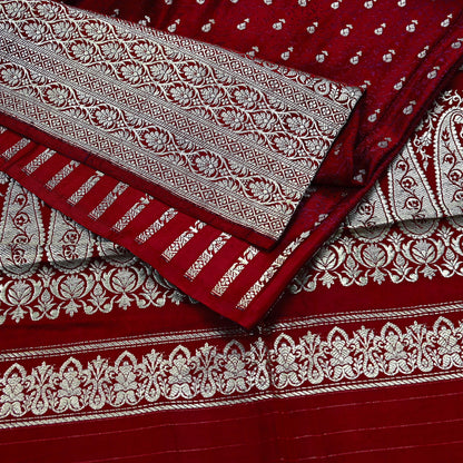 Vintage Banarasi Saree Pure Satin Silk Woven Brocade Zari Fabric Maroon Heavy Craft Sari 5 Yards Indian Antique Textile Dress Making