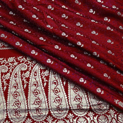 Vintage Banarasi Saree Pure Satin Silk Woven Brocade Zari Fabric Maroon Heavy Craft Sari 5 Yards Indian Antique Textile Dress Making