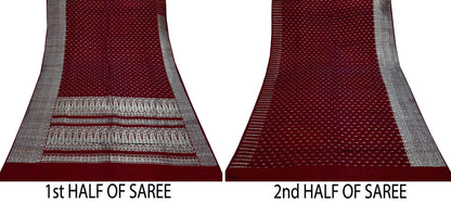 Vintage Banarasi Saree Pure Satin Silk Woven Brocade Zari Fabric Maroon Heavy Craft Sari 5 Yards Indian Antique Textile Dress Making