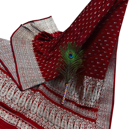 Vintage Banarasi Saree Pure Satin Silk Woven Brocade Zari Fabric Maroon Heavy Craft Sari 5 Yards Indian Antique Textile Dress Making