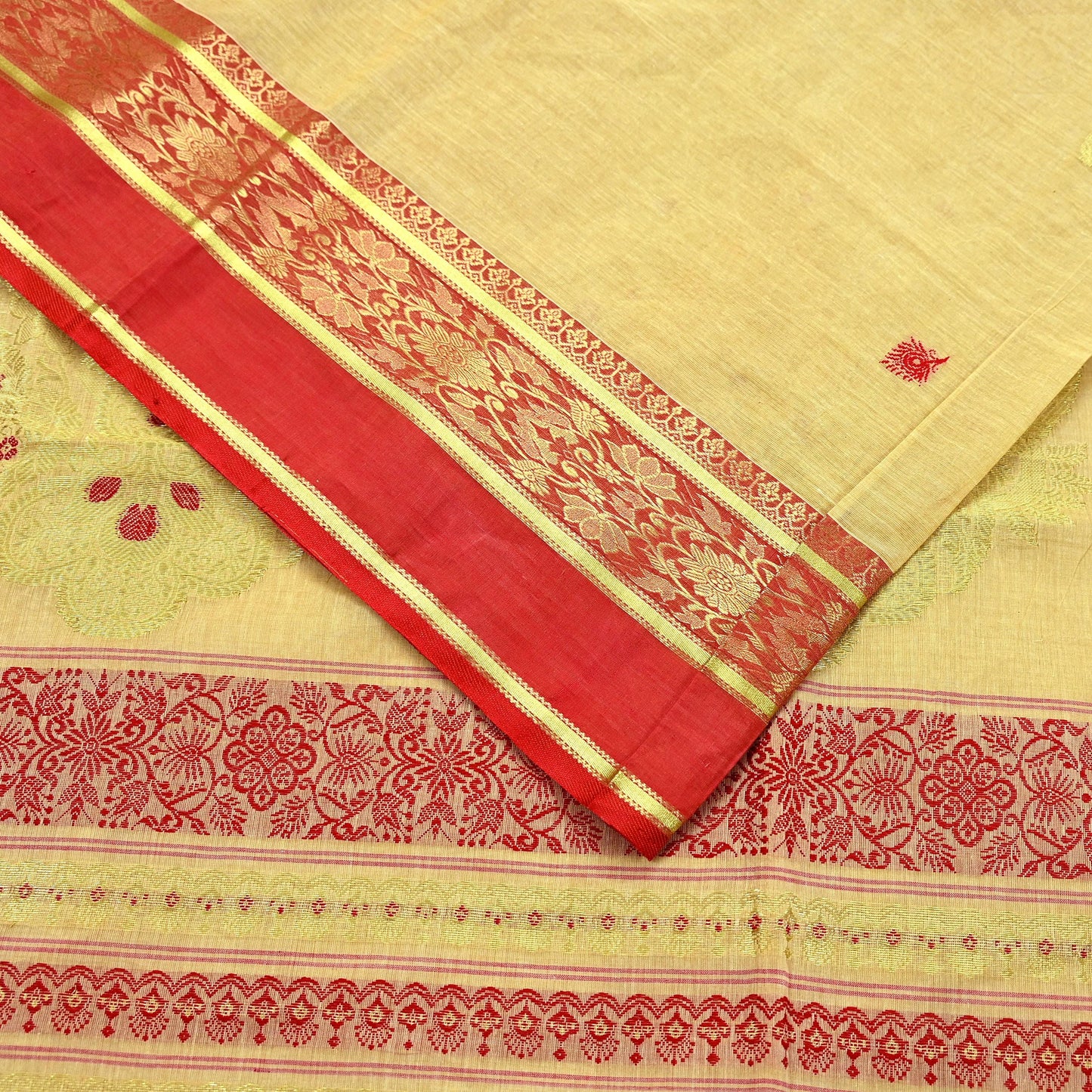 Vintage Sari Beige Pure Cotton Hand Woven Sarees Craft Fabric Zari 5Yd Sewing Soft Crafting Dress making Upcycle Quilting Zigzag