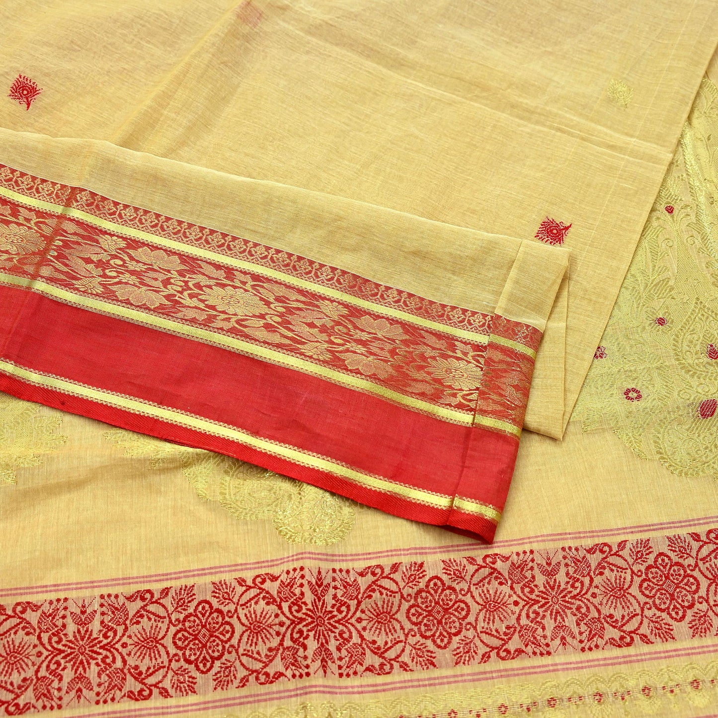 Vintage Sari Beige Pure Cotton Hand Woven Sarees Craft Fabric Zari 5Yd Sewing Soft Crafting Dress making Upcycle Quilting Zigzag