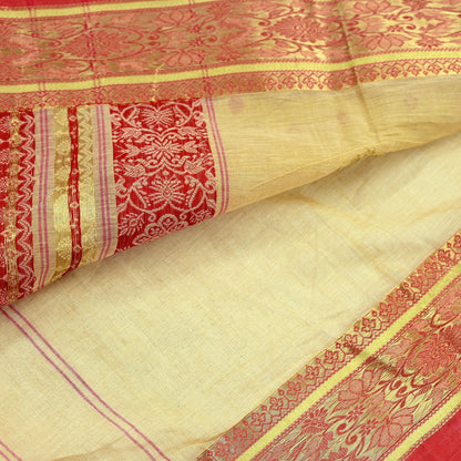 Vintage Sari Beige Pure Cotton Hand Woven Sarees Craft Fabric Zari 5Yd Sewing Soft Crafting Dress making Upcycle Quilting Zigzag