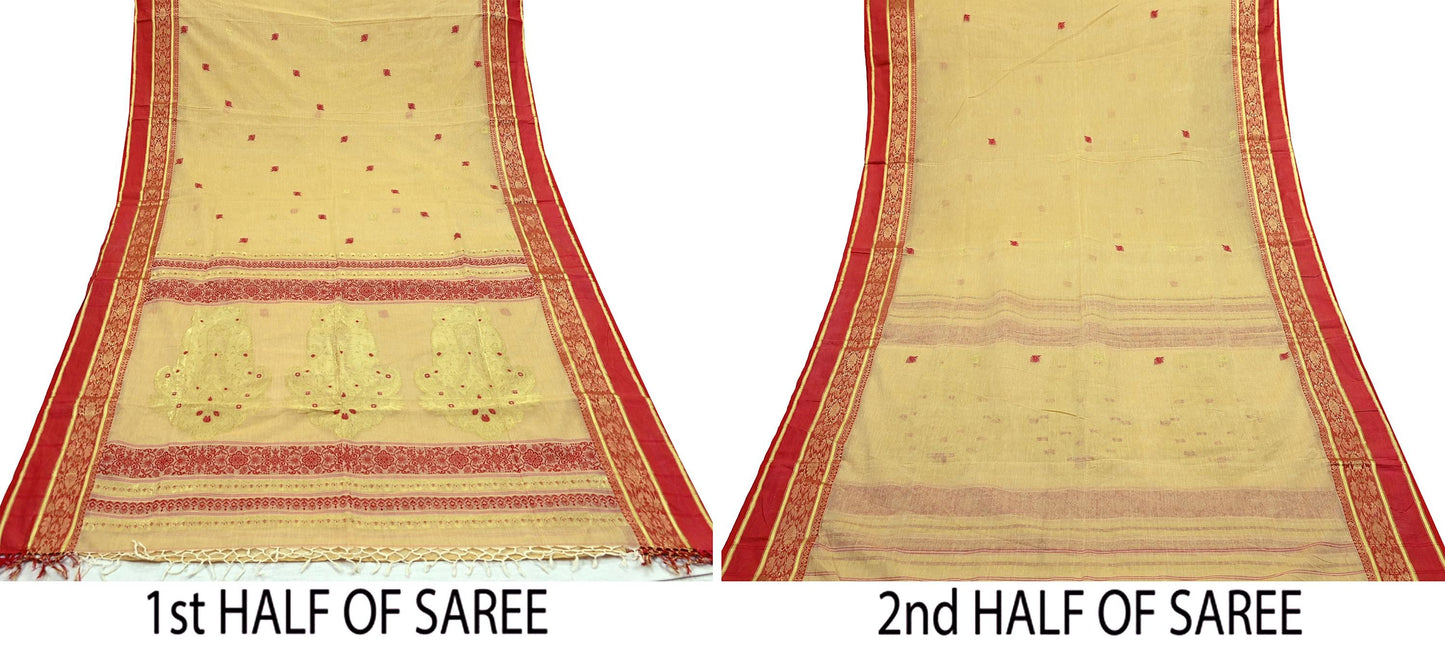 Vintage Sari Beige Pure Cotton Hand Woven Sarees Craft Fabric Zari 5Yd Sewing Soft Crafting Dress making Upcycle Quilting Zigzag