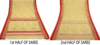 Vintage Sari Beige Pure Cotton Hand Woven Sarees Craft Fabric Zari 5Yd Sewing Soft Crafting Dress making Upcycle Quilting Zigzag