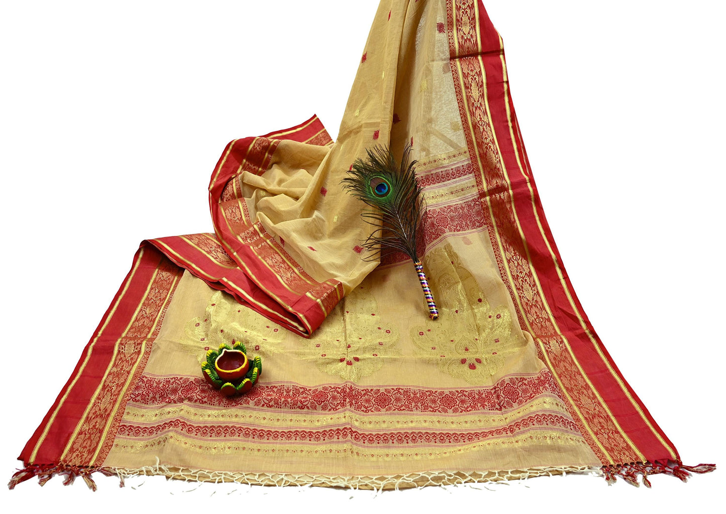 Vintage Sari Beige Pure Cotton Hand Woven Sarees Craft Fabric Zari 5Yd Sewing Soft Crafting Dress making Upcycle Quilting Zigzag