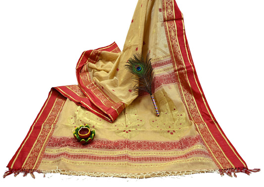 Vintage Sari Beige Pure Cotton Hand Woven Sarees Craft Fabric Zari 5Yd Sewing Soft Crafting Dress making Upcycle Quilting Zigzag