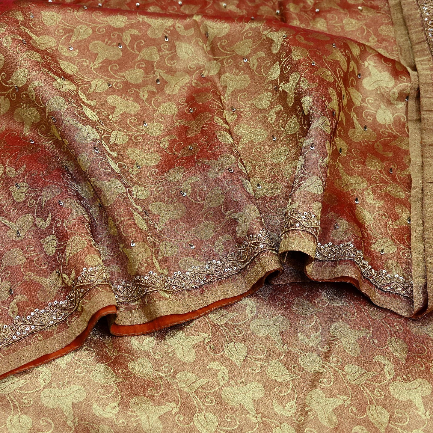 Indian Vintage Sari Golden Tissue Hand Embroidered Sarees Craft Fabric 7Yd Sewing Soft Ethnic Zardozi/Zari Dress making Crafting Upcycle