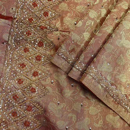 Indian Vintage Sari Golden Tissue Hand Embroidered Sarees Craft Fabric 7Yd Sewing Soft Ethnic Zardozi/Zari Dress making Crafting Upcycle