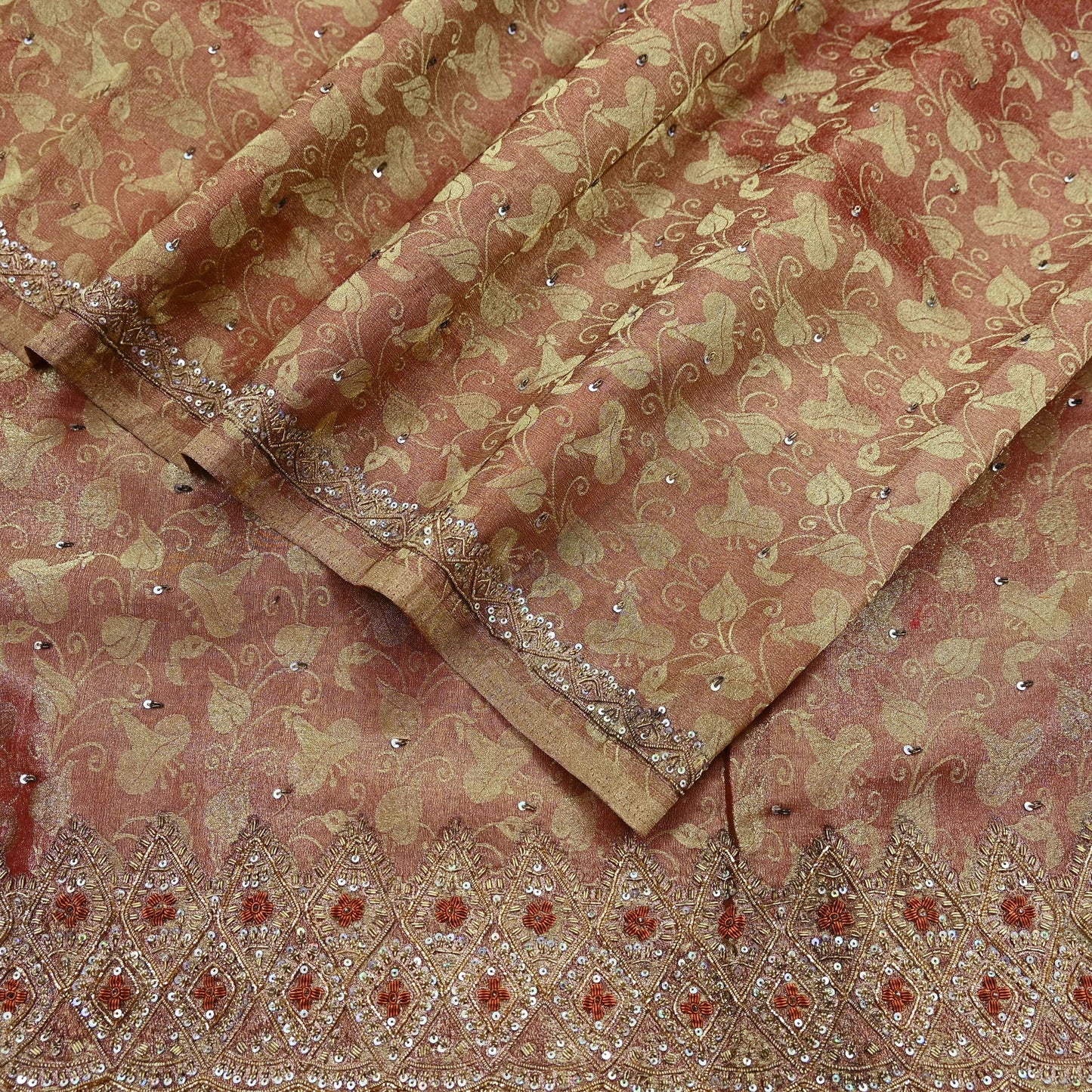 Indian Vintage Sari Golden Tissue Hand Embroidered Sarees Craft Fabric 7Yd Sewing Soft Ethnic Zardozi/Zari Dress making Crafting Upcycle