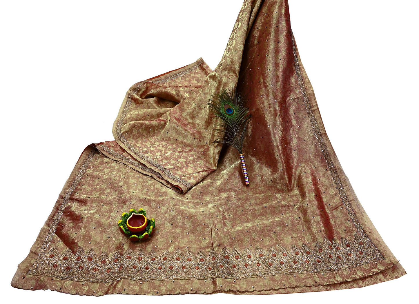 Indian Vintage Sari Golden Tissue Hand Embroidered Sarees Craft Fabric 7Yd Sewing Soft Ethnic Zardozi/Zari Dress making Crafting Upcycle