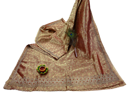 Indian Vintage Sari Golden Tissue Hand Embroidered Sarees Craft Fabric 7Yd Sewing Soft Ethnic Zardozi/Zari Dress making Crafting Upcycle