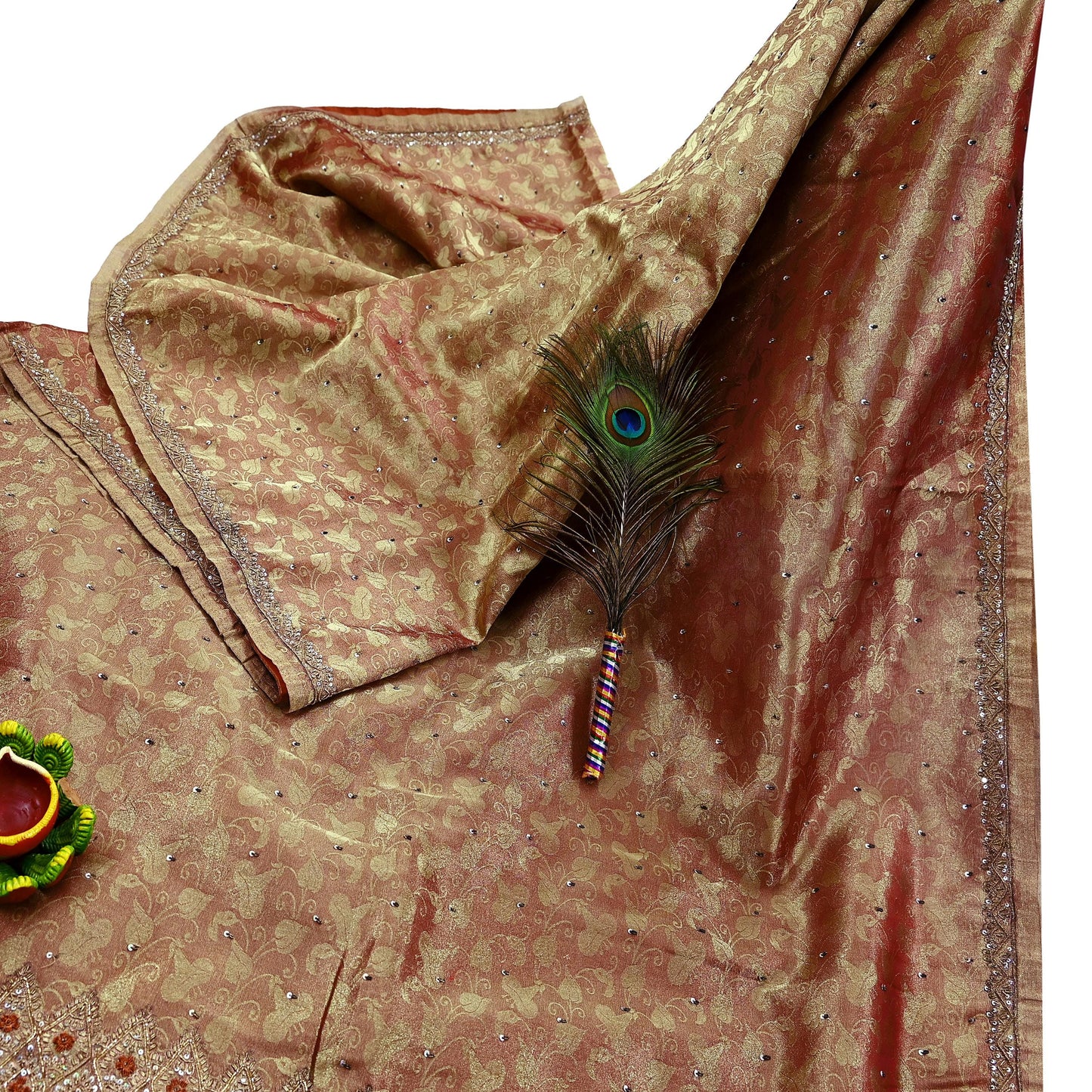 Indian Vintage Sari Golden Tissue Hand Embroidered Sarees Craft Fabric 7Yd Sewing Soft Ethnic Zardozi/Zari Dress making Crafting Upcycle