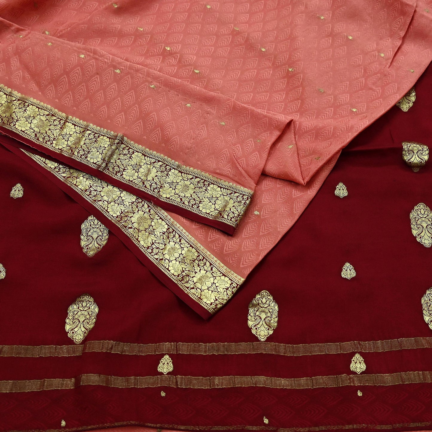 Indian Vintage Sari  Maroon & Peach Mysore Silk Woven Saree with Zari Border | 5 Yards | Soft Craft Fabric | Upcycle, Quilting, Dressmaking