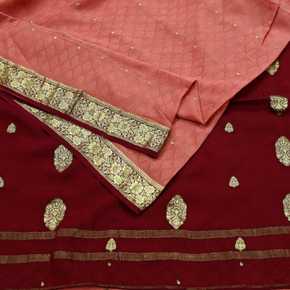 Indian Vintage Sari  Maroon & Peach Mysore Silk Woven Saree with Zari Border | 5 Yards | Soft Craft Fabric | Upcycle, Quilting, Dressmaking
